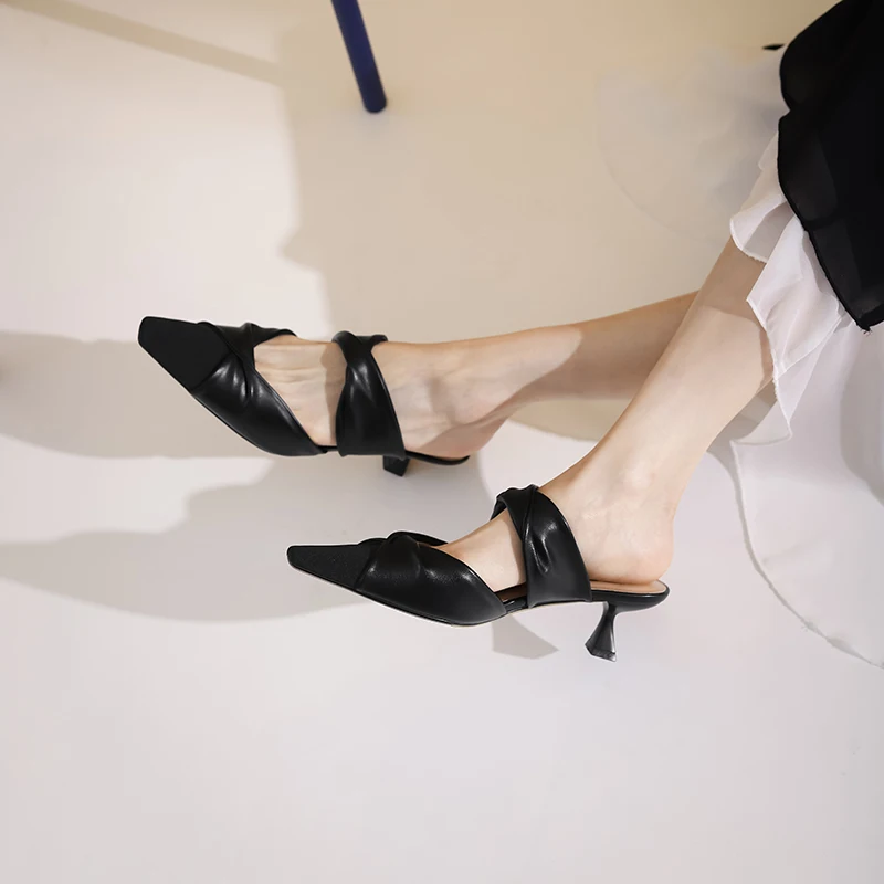 

ISNOM 2021 Women Pleated Slippers Pointed Toe Genuine Leather Stiletto High Heels Slippers Thin Heel Mules Ladies Summer Shoes