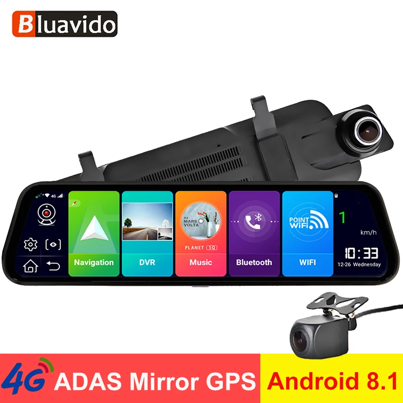Bluavido Автомобильное зеркало заднего вида 10 дюймов 4G Android 8 1 видеорегистратор GPS