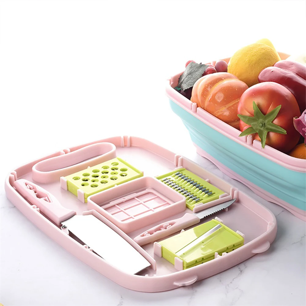 

Plastic Chopping Cutting Boards Set for Kitchen Multifunctional 9 in 1 Chopping Blocks with Colander Basket Knife Set