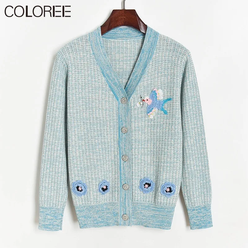 

Bird embroidery cardigans women winter v-neck long sleeve pull femme hiver sweet warm sweaters jumper mujer fall 2021 women