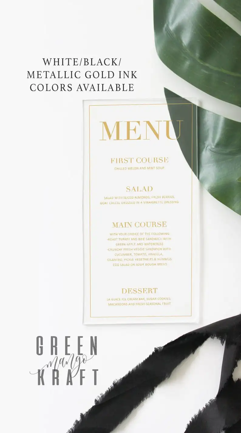 Акриловое прозрачное меню для свадьбы черное белое Золотое перспексовое табло