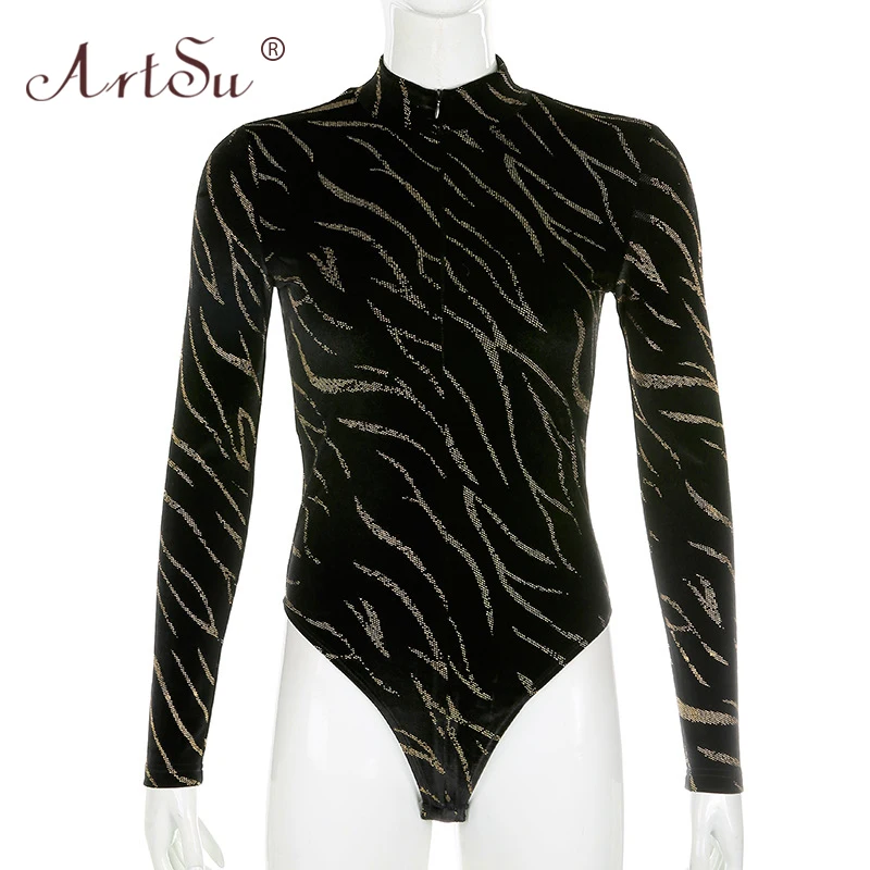 

ArtSu Women Fashion Animal Print Sequin Party Bodysuit Long Sleeve Zipper Turtleneck Black Winter Velvet Bodysuit Top Body Mujer