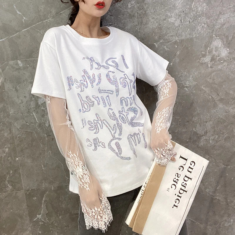 

QING MO Black White Women Shiny T Shirt 2021 Women Letter Rhinestone T Shirt Female Lace Patchwork Sleeve T Shirt ZQY6667