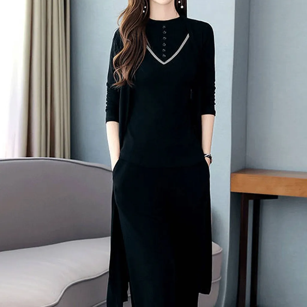 KANCOOLD Knitted 3 Pieces Set Women Tracksuit Long Sleeve Cardigan and Sleeveless Pullover Tops Wide Leg Pants Women's Sets 2019 | Женская