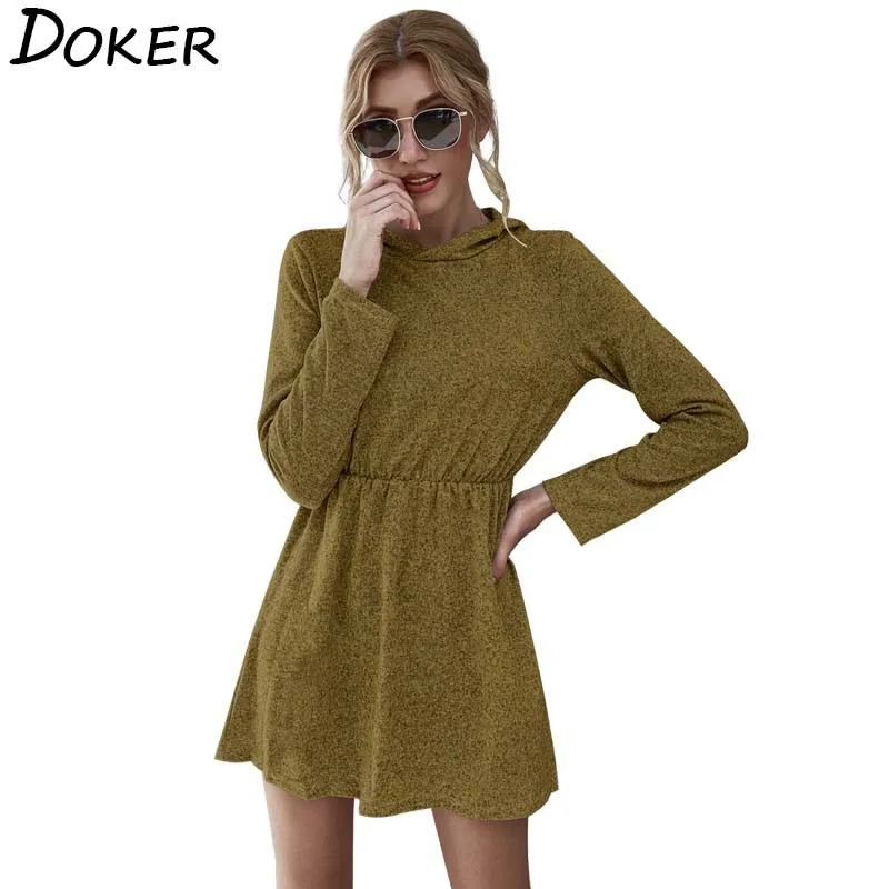 Осеннее мини платье с капюшоном для женщин длинным рукавом модное плюс размер