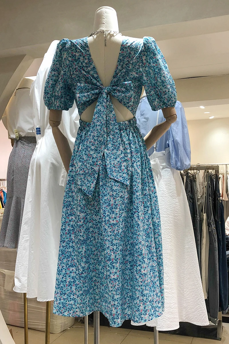 

2021 Summer Sweet Girl Backless Bow Lace-up Long A- Line Dress Waist-slimming Short Sleeve Floral Print Elegant Blue Dress