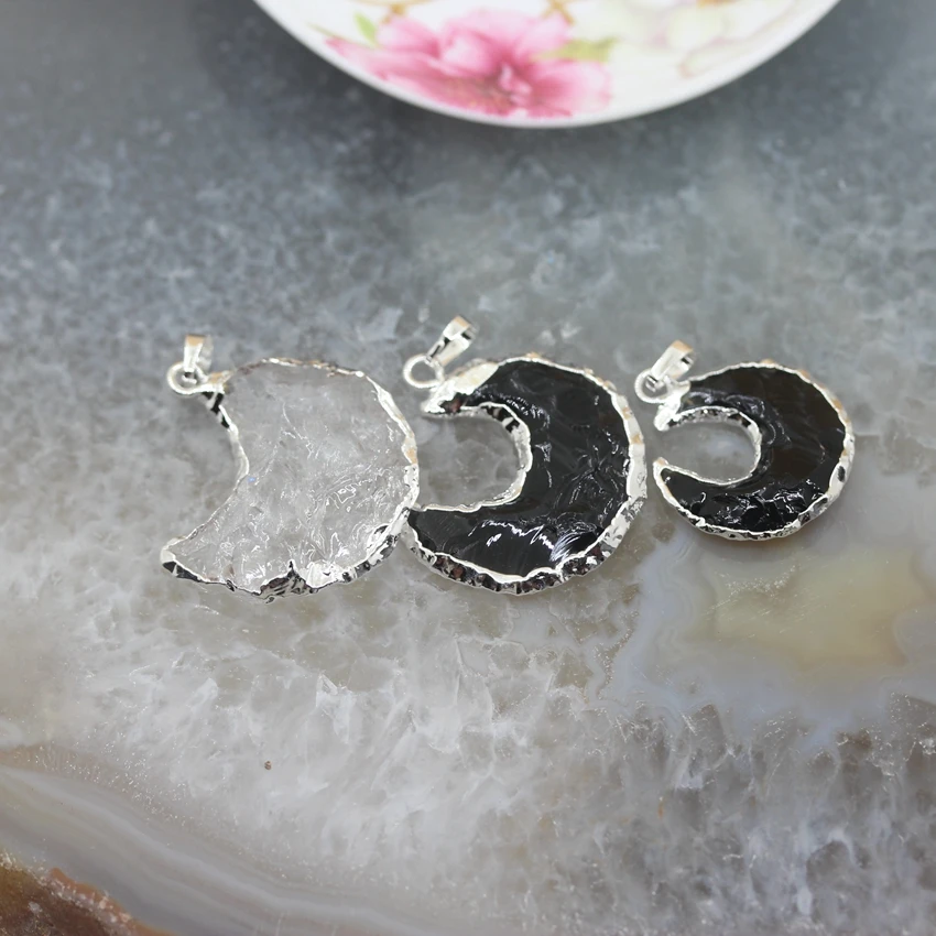

Raw Stones Plated Silvers moon crescent Shape Quartz Pendants,Natural Tourmaline Raw Crystal Jewelry Making Necklace,5pcs/lot