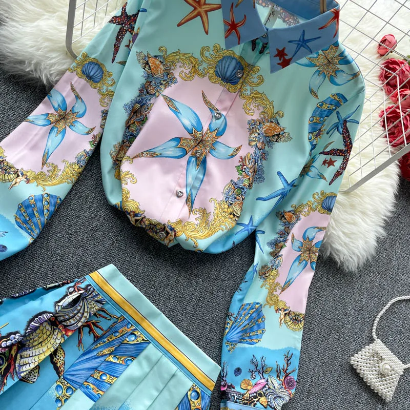 

Spring long-sleeved shirt female design sense niche print fashionable all-match pleated skirt two-piece set