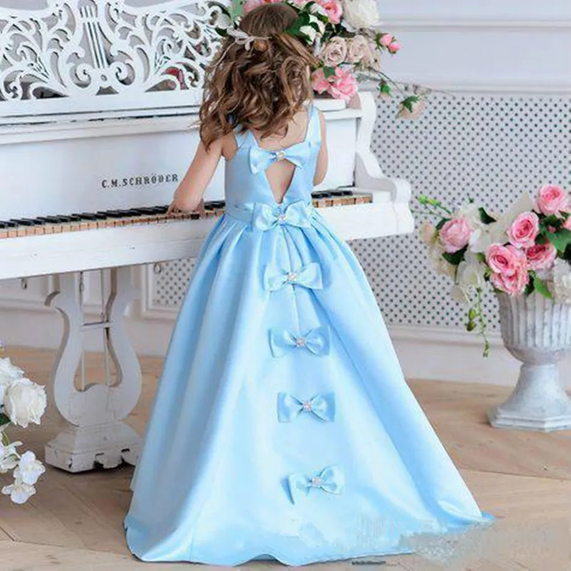 

Formal Sky Blue Satin Beads Kids Flower Girl Dresses For Wedding Simple Cheap Princess Gown Pageant Party Girl Dress With Bow