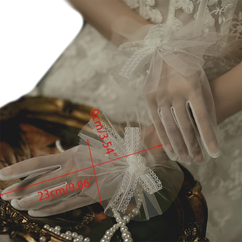 

Wedding Sheer Short Gloves Pearl Sequins Flower Beaded Bowknot Bridal Mittens