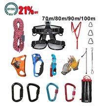 70m/80m/90m/100m Outdoor Rock Climbing Equipment Mountaineering Climbing Rope Set with Safety Belt/Buckle/Descender/Riser/Bag