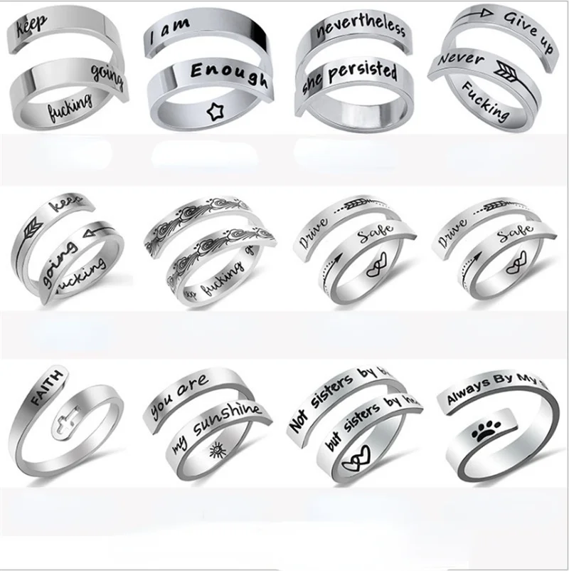 

Inspirational Rings Engraved Lettering Keep Fucking Going Ring for Women Men Girls Titanium Steel Arrow Encouragement Open Ring