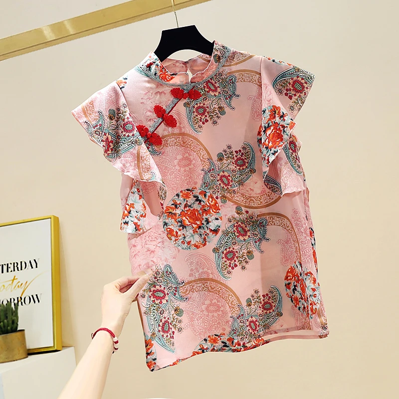 Chinese Cheongsam Style Women Floral Chiffon Shirt 2020 Summer Blouse Ruffles Short Sleeve Shirts Tops Blusas A3252 | Женская одежда