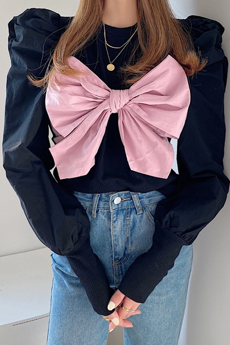 

Korean Style Fashionable Round Neck Stitching Chest Bow Decoration Loose Puff Sleeves Pullover for Sweatshirts Women