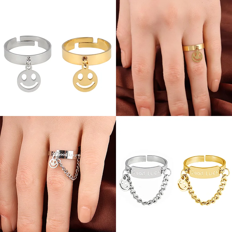 

Punk Stainless Steel Ring Smile Face Ring Geometric Chain Ring Open Finger Ring Gold Adjustable Rings For Women Jewelry