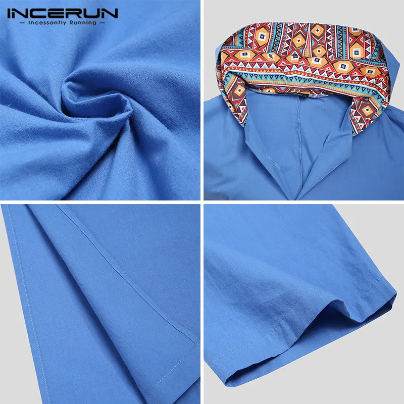 

INCERUN Muslim Men Jubba Thobe Cotton Long Sleeve Islamic Arab Kaftan Hooded Print Patchwork Robes Saudi Arabia Dubai Men Caftan