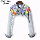 Женская джинсовая куртка-бомбер, короткая джинсовая куртка с длинным рукавом, модель размера плюс в стиле бохо, разноцветные кисти г., уличная одежда, 5XL