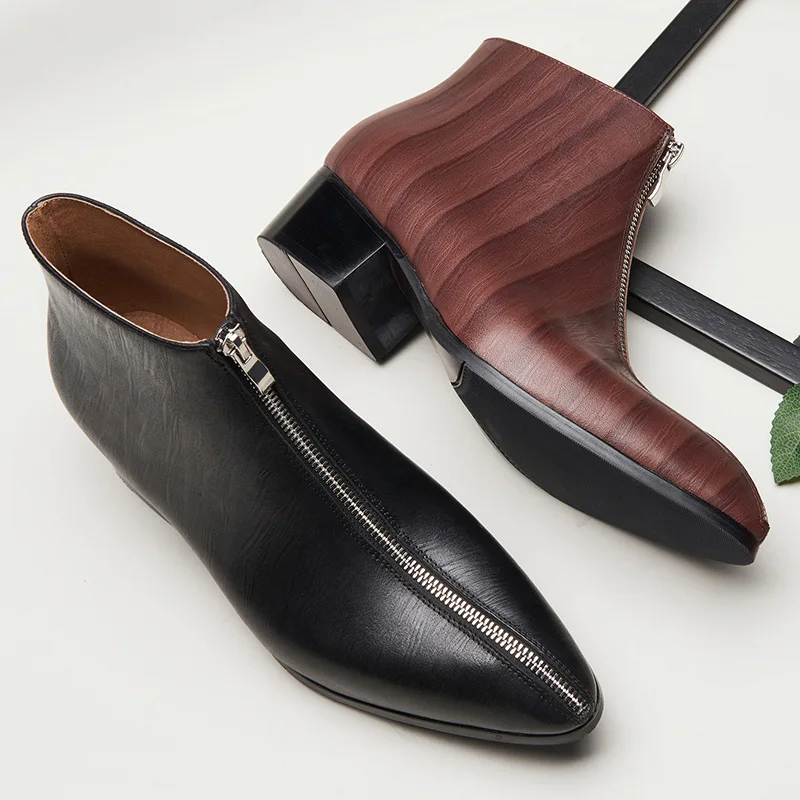 

Top selling British men's pointed Boots Men's high top leather boots leather trend men's high heels zipper men's Boots Ankle