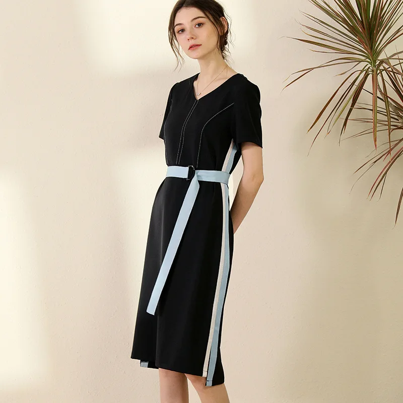 

Shenzhen women's dress women's short sleeve OL new mid long temperament V-neck slim SKIRT AGE reducing A-line skirt