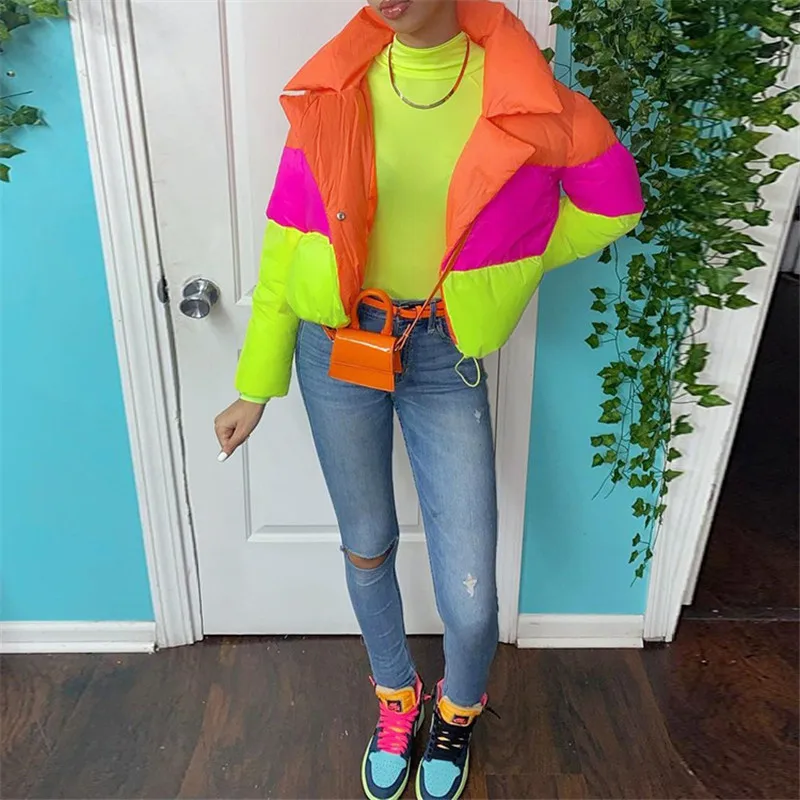 

DSMTRC Patchwork Winter Warm Streetwear Baddie Clothes Long Sleeve Fashion Outerwear Padding Puffer Funnel Neck Jacket Coats