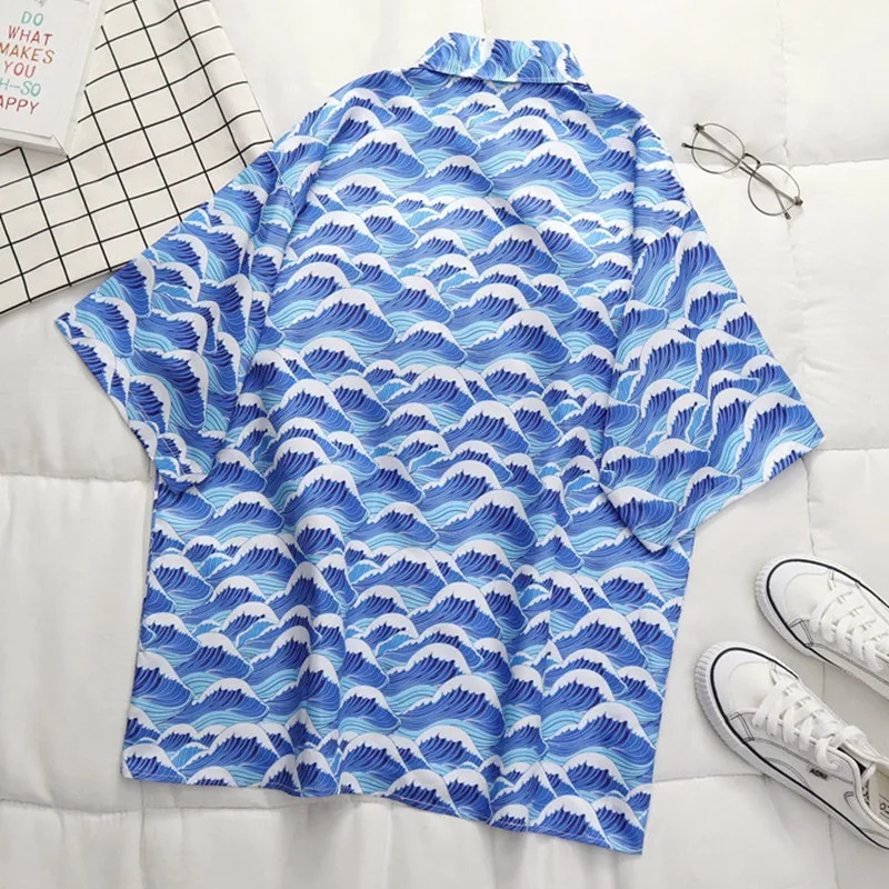 

Beach Vacation Style Shirt Fashion Casual Short Sleeve Lapel Blouse Women Waves Print Blouses Tops Blue