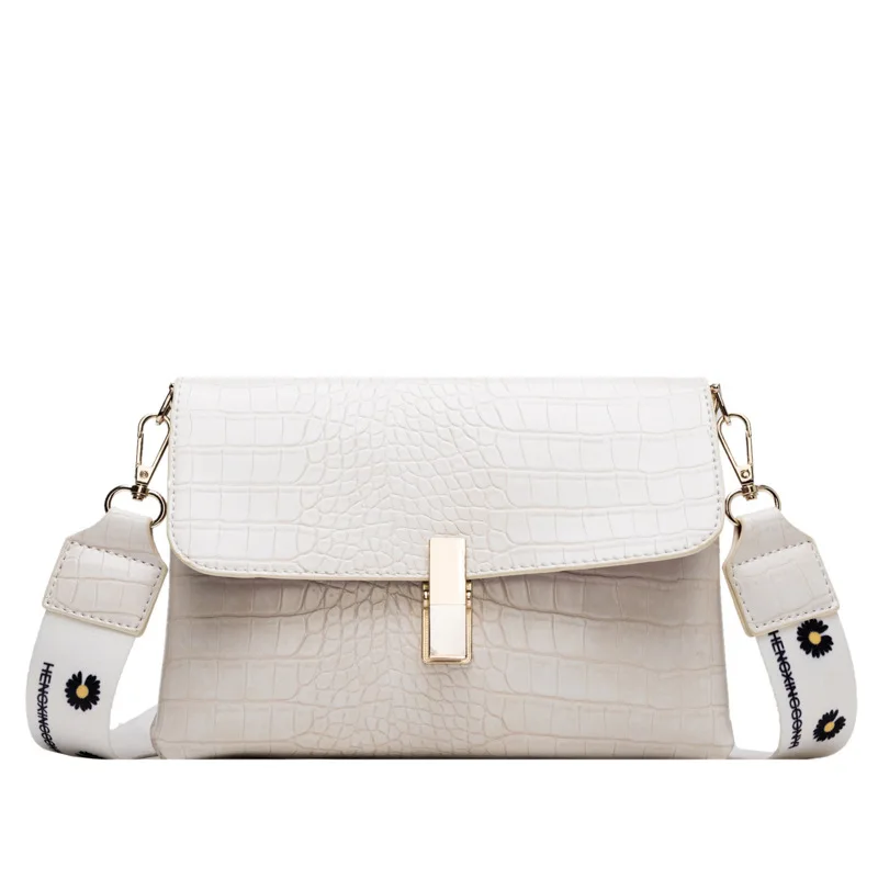 

Women's shoulder bag new solid color crocodile pattern PU leather wideband messenger bag wild travel daily girl small square bag