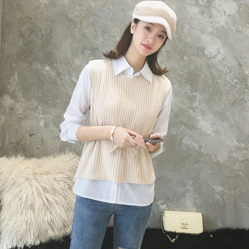 

Autumn Winter 2021 Black Elegant Women's Sweater Vest Office Lady Bandage Waist Sleeveless Knit Jumper Tops