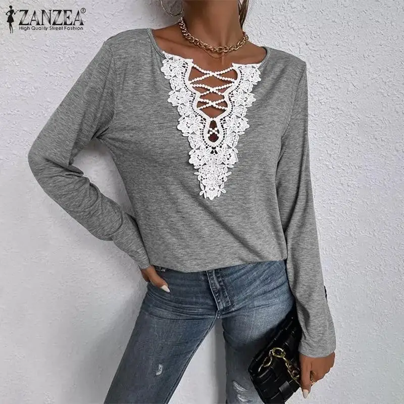 

Stylish Women Lace Patchwork Blouse ZANZEA Autumn Tops Casual Long Sleeve Work Blusas Oversize Basic Top Female Shirt Chemise