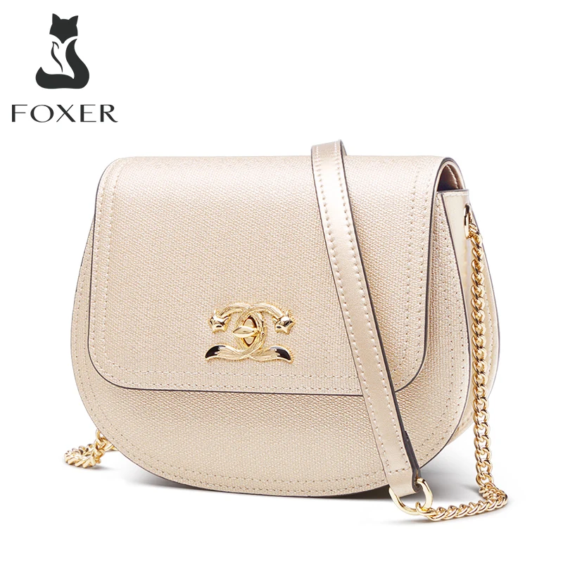 Женская сумка Кроссбоди FOXER золотистая блестящая мессенджер с регулируемым