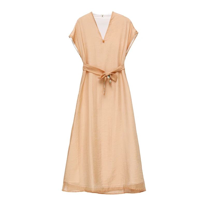 

COIGARSAM Women Dress Spring Summer 2021 Chinese Style Office Lady Vintage Belt Short Sleeve High Waist V-Neck Ginger Dresses