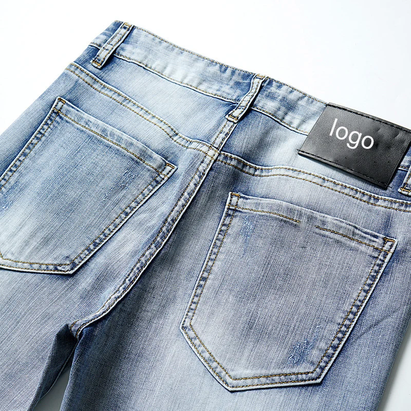 

Luren Cross-border Jeans Slim-fitting Ankle-tied Cotton Summer Thin Light Blue Men's European and American Quality Denim Jeans