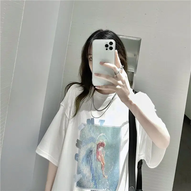

women's t-shirt cute pattern print short-sleeve t-shirts loose mid-length O-Neck Harajuku style summer new bottoming tops 2021