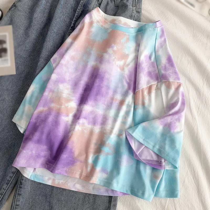 Women Short Sleeve T-Shirt Streetwear Tie Dye Print Summer Sweet Loose Oversized 2XL Ladies Tee Shirt Tops W1 | Женская одежда