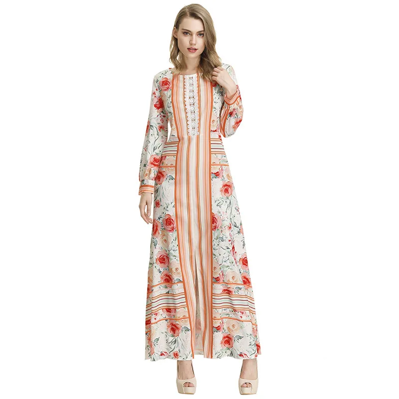 

2021 Europe and the United States foreign trade new women's dress long-sleeved printed dress long skirt