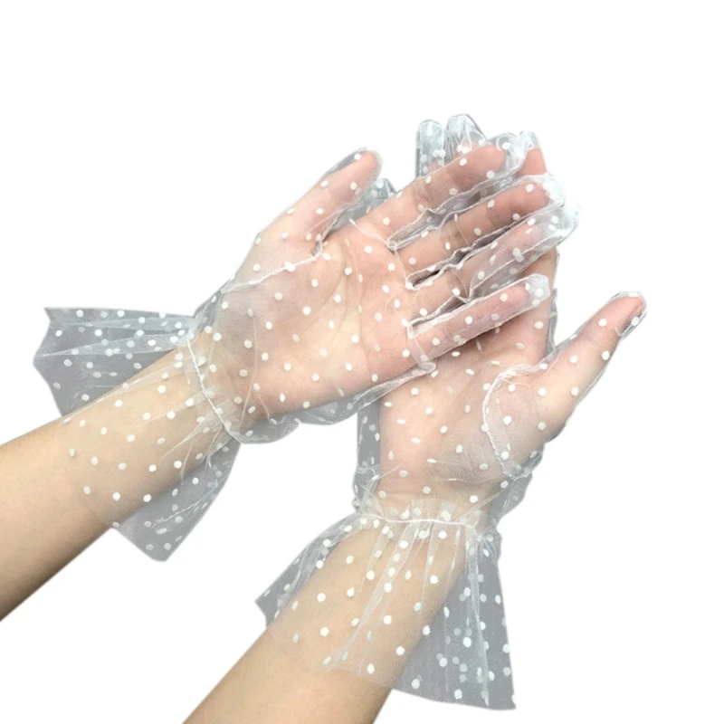 

Women Short Mesh Tulle Lace Ruffled Gloves Vintage Polka Dot Elegant Sunscreen Wedding Tea Party Full Finger Mittens A14 21