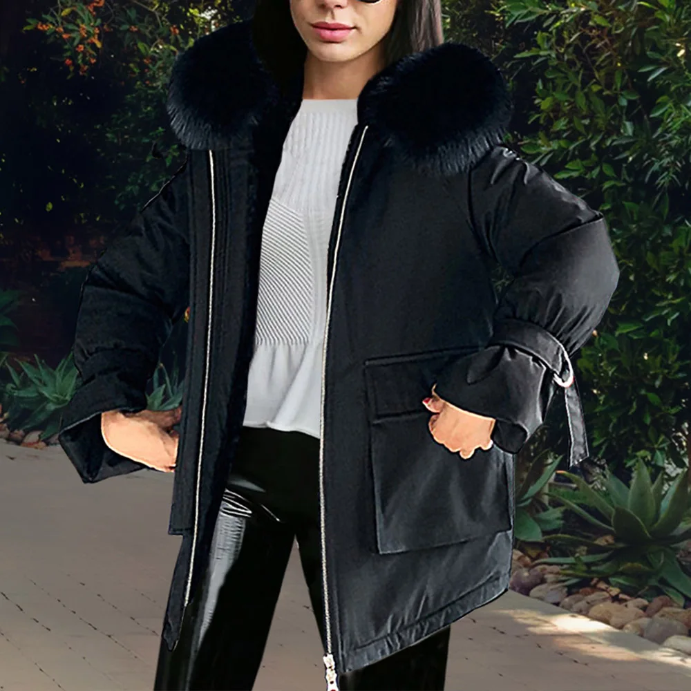 

New Women Autumn Winter Cotton Padded Jacket Long Sleeve Solid Thicken OL Commuter Casual Hooded Collar Loose Female Coat