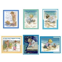 kids on the beach cross stitch embroidery kit dmc 14ct 11ct counting cross stitch set diy needlework home decoration painting