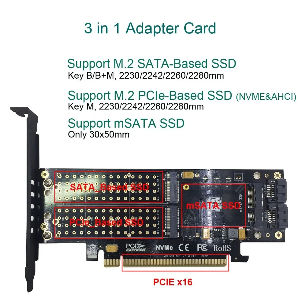 3 в 1 PCI E 0 X16 к NGFF M.2 NVMe AHCI SSD адаптер карта для ключа M B mSATA твердотельный накопитель с