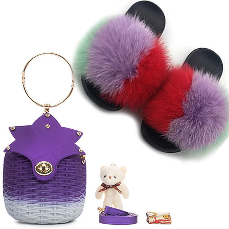 

Women Fox Fur Slippers Fluffy Fur Slippers Ladies Real Hair Slides Slippers Solid Color Rhinestone Pineapple Portable Jelly Bag