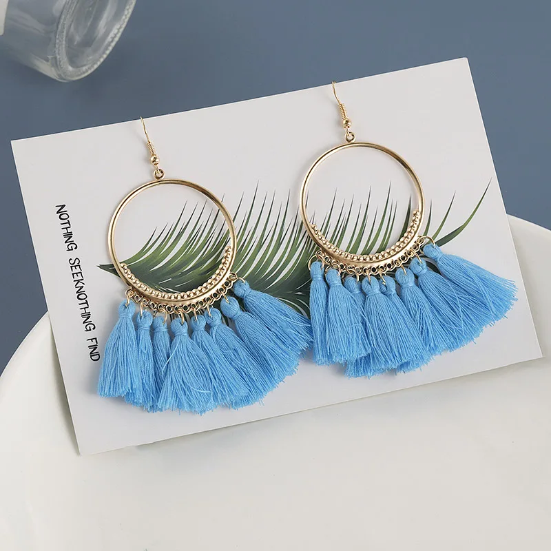 Light Blue Новые модные богемные серьги с кисточками для женщин из хлопка и шелка, длинные висячие серьги с бахромой, вечерние женские ювелирные изделия - Окраска металла: Light Blue