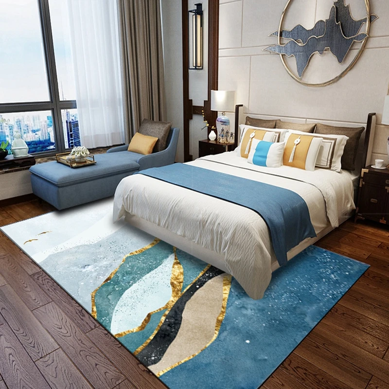 Абстрактные мраморные прикроватные Коврики для спальни золотисто синие