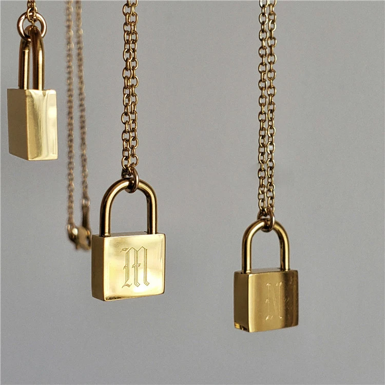 

Stainless Steel Women's Jewelry 18K Gold Plated Men's Chain Ancient Initial Letters Engraved Lock Pendant and Necklace for Women