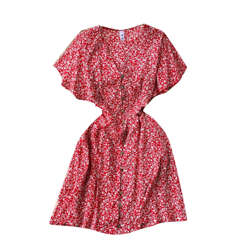 

Little holiday wind dress 2021 new chiffon printing short sleeve v-neck horn first love wind dress