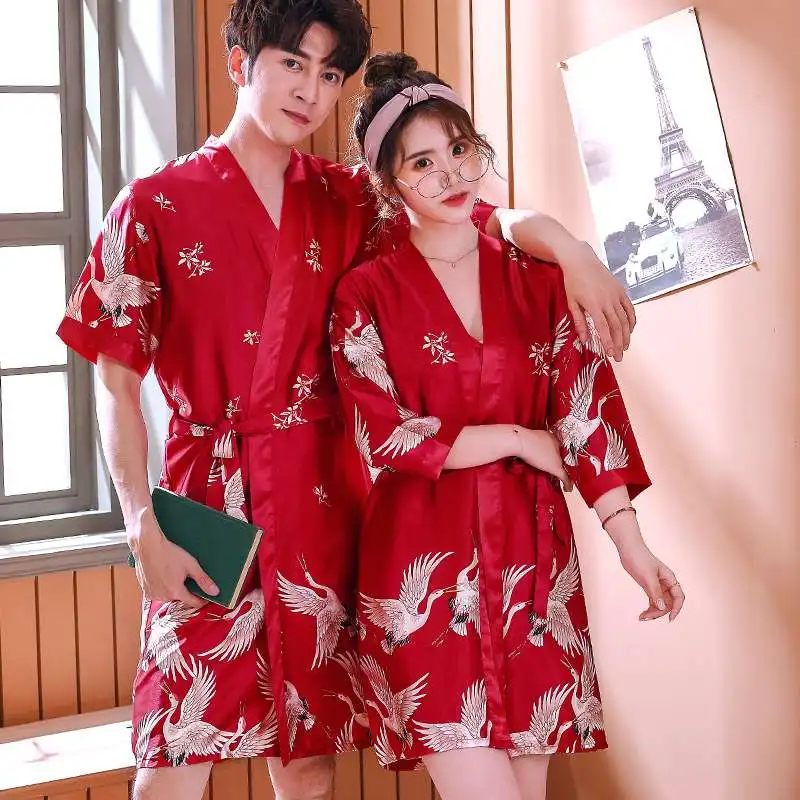 Men Summer Satin Silk Print Bathrobe Mens Luxury Kimono Bath Robe Women Sexy Robes Male Wedding Dressing Gown Hotel Honeymoon