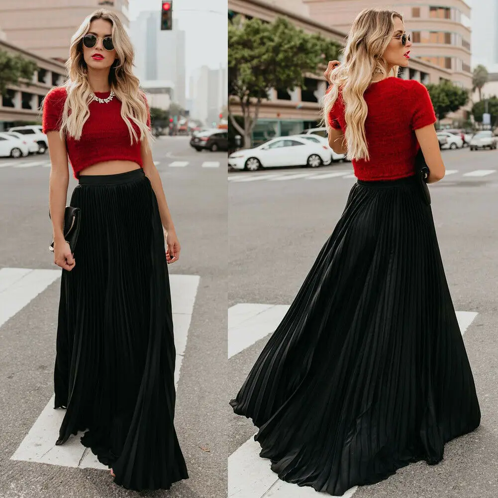 2021  Women's High Waist Pleated Chiffon Long Maxi Skirt Full Length Solid Color Summer Swing Casual Skirts