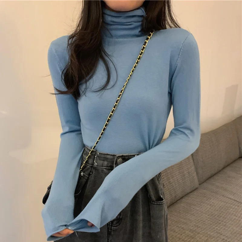 

Осенне-зимний женский вязаный свитер с высоким воротником, повседневный однотонный приталенный шерстяной пуловер, Модный женский свитер, т...