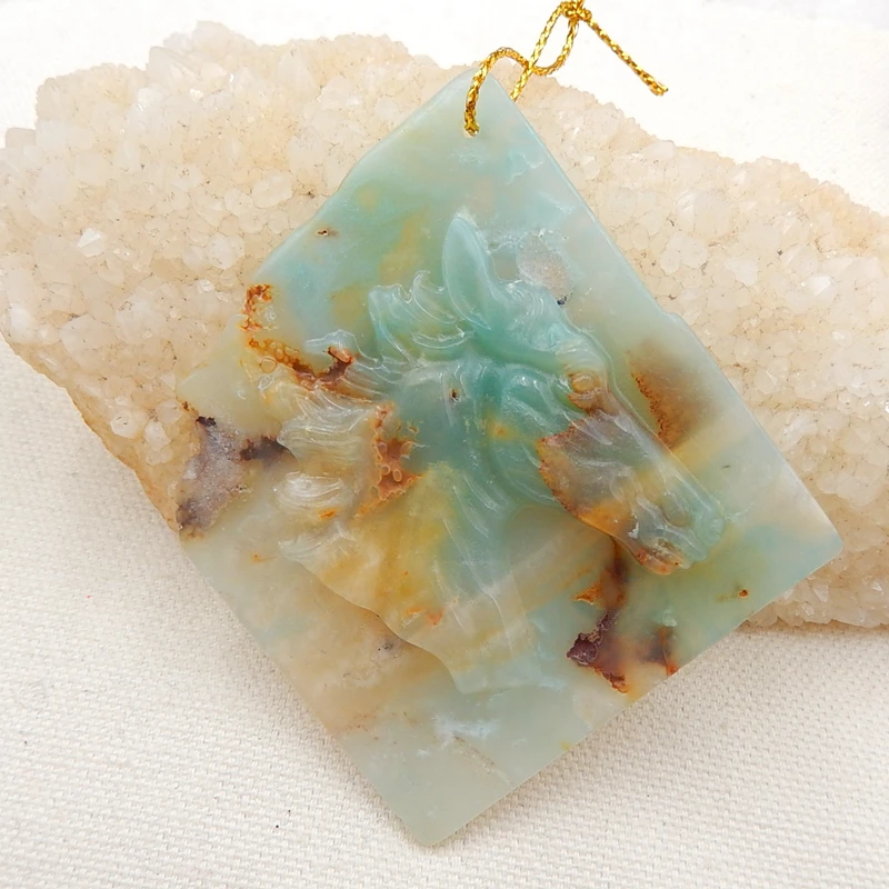 

Natural Carved Amazonite Horse Head Fashion pendant 58x62x8mm,30.8g