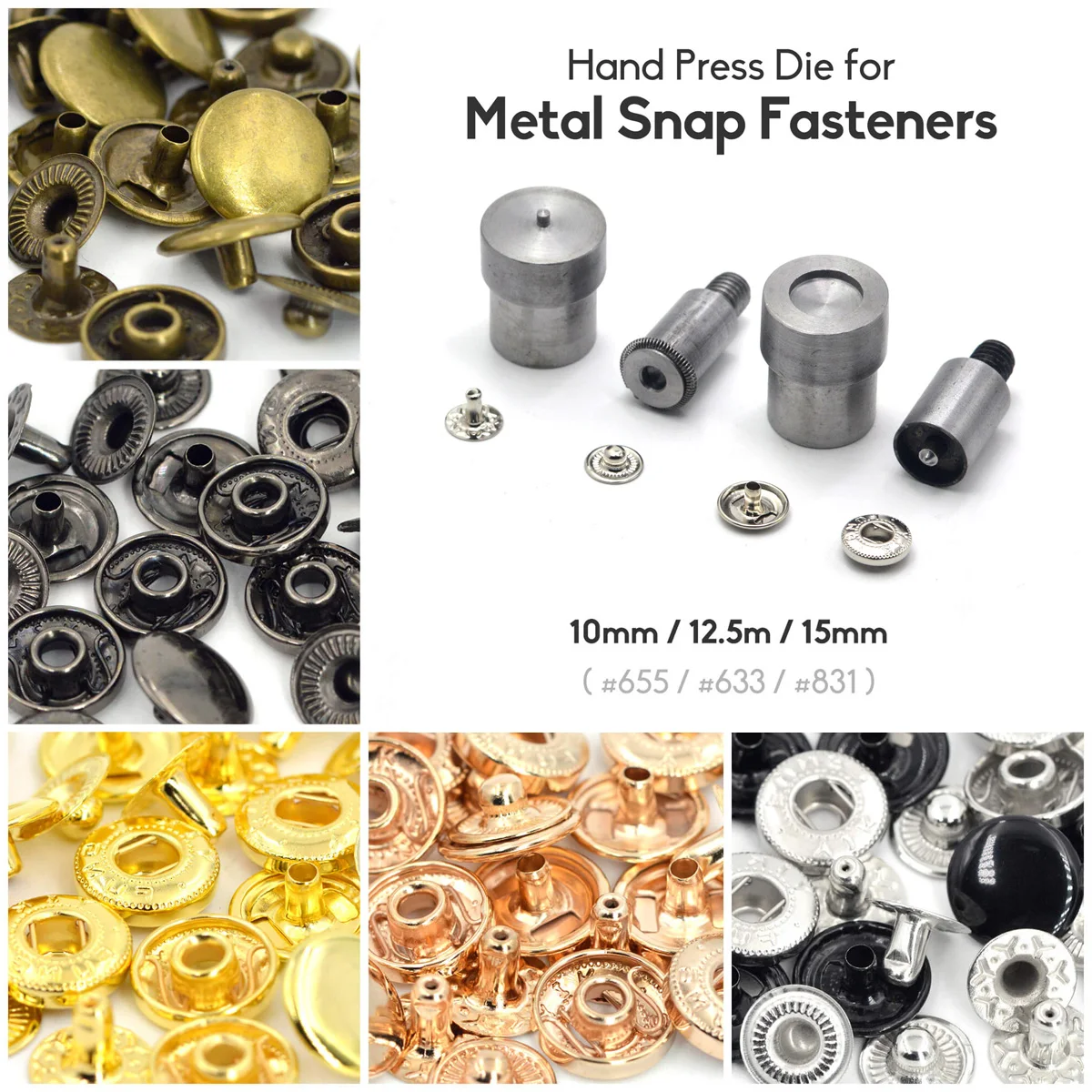 

KALASO 1Sets Metal Snap Buttons Fasteners And Dies Mould Tool For Hand Press Machine DIY Craft Supplies 10mm 12.5mm 15mm