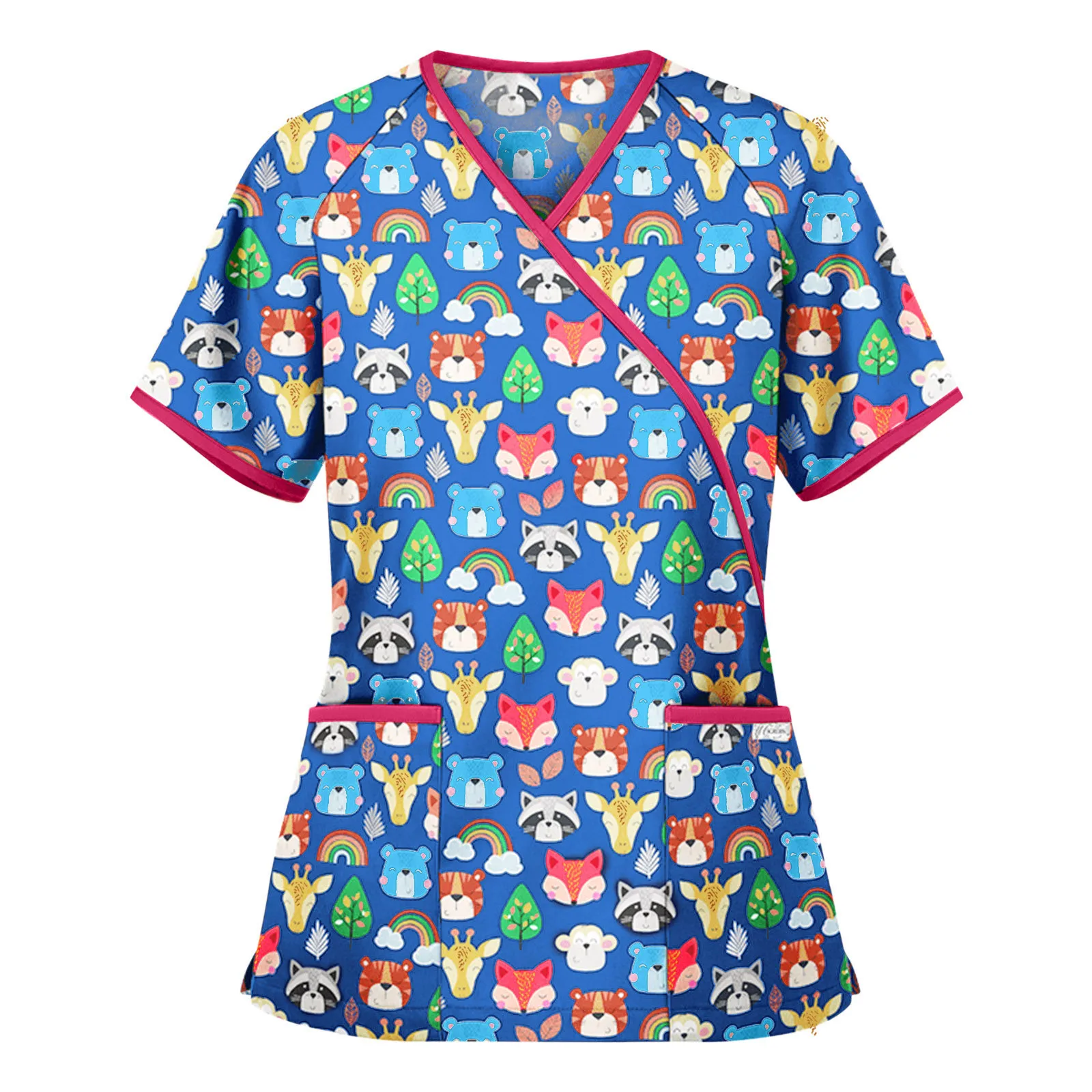 

Nursing Uniform Women Medical Uniforms Workwear Scrub Top V-Neck Short Sleeve Printting Pockets Waist Lacing Salon Uniform Shirt