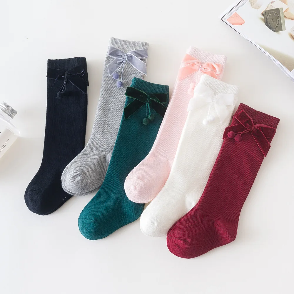 

Baby Infants Kids Toddlers Girls Princess Knee High Socks Leg Warmer Bow Cherry Solid Cotton Stretch Cute 0-3Y Children's Socks